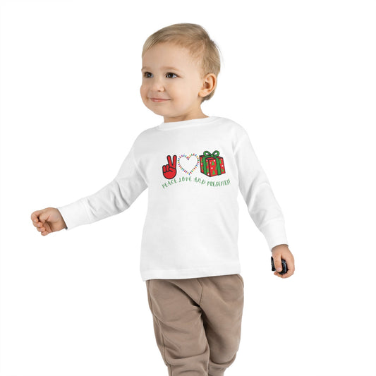 Peace Love and Presents Toddler Long Sleeve Tee Christmas Shirt, Funny Christmas Tee