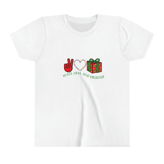 Peace Love and Presents Youth Short Sleeve Christmas Tee, Funny Christmas Tee, Youth tee